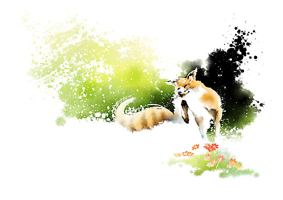 PSD 식물 동물 한마리 꽃 꽃밭 일러스트 캘리그라피 자연 붓터치 풍경 사람없음 컬러풀 풀잎 숲 여우 번짐 풍경화 국내일러스트 1 컬러 잎 포유류 풀_식물 그림 생태계 파일형식 효과