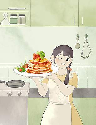 PSD 그릇 여자 음식 과일 일러스트 주방용품 요리 한명 사람 성인 컬러풀 주방 주방장 요리사 프라이팬 즐거움 메뉴 팬케이크 성인여자한명만 국내일러스트 직업 1 식기 감정 컬러 생활용품 케이크 여자한명만 성인여자만 파일형식