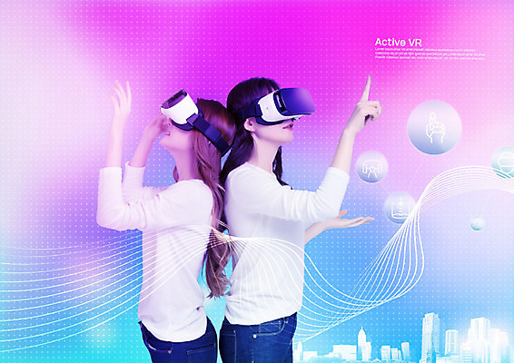 PSD 편집이미지 여자 패턴 서기 사람 상반신 20대 성인 두명 옆모습 30대 컬러풀 한국인 체험 비눗방울 즐거움 신기함 가상현실 성인여자만 오큘러스 4차산업 VR기기 이미지편집 감정 산업 뷰포인트 컬러 컨셉 무늬 모션 동양인 청년 장년 기계 여자만 성인만 파일형식