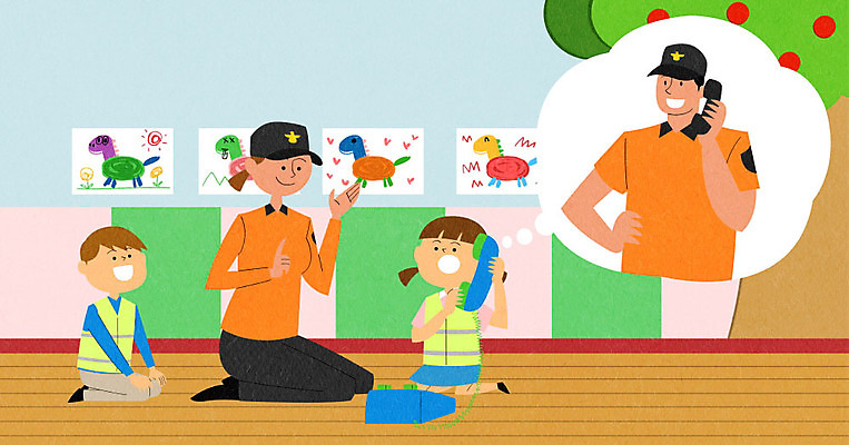 PSD 여자 남자 어린이 말풍선 일러스트 사람 여러명 성인 체험 소방관 소방 전화기 그림 안전교육 소방의날 신고 국내일러스트 교육 다수 컨셉 안전 구조원 파일형식 법정기념일