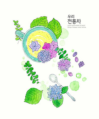PSD 식물 전통 꽃 일러스트 수채화 사람없음 컵 컬러풀 풀잎 차 전통차 티스푼 수국 꽃차 국내일러스트 식기 음료 컬러 잎 차_음료 숟가락 풀_식물 파일형식