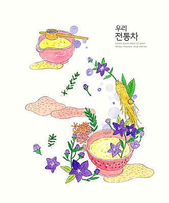 PSD 식물 구름 전통 꽃 일러스트 수채화 사람없음 컵 컬러풀 차 전통차 도라지꽃 도라지 국내일러스트 자연요소 식기 음료 컬러 차_음료 파일형식