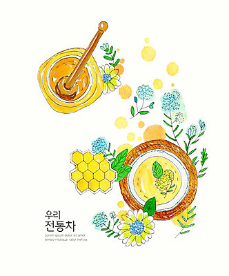 PSD 식물 전통 꽃 일러스트 수채화 사람없음 컵 컬러풀 차 전통차 꿀 벌꿀 꿀차 허니콤 국내일러스트 모양 식기 음료 컬러 차_음료 파일형식