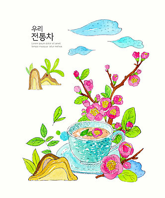 PSD 식물 구름 전통 꽃 일러스트 수채화 사람없음 컵 컬러풀 차 전통차 매화 홍매화 매화잎 국내일러스트 자연요소 식기 음료 컬러 차_음료 파일형식