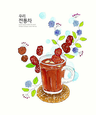 PSD 식물 전통 꽃 일러스트 수채화 사람없음 컵 컬러풀 차 전통차 대추 대추차 국내일러스트 식기 음료 컬러 차_음료 파일형식