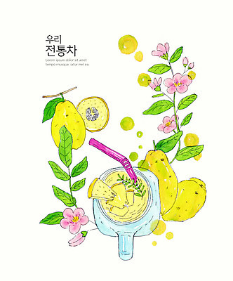 PSD 식물 전통 꽃 일러스트 수채화 빨대 사람없음 컵 컬러풀 차 전통차 모과 모과나무꽃 모과차 과일차 국내일러스트 식기 음료 컬러 과일 차_음료 파일형식
