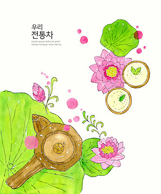 PSD 식물 전통 꽃 일러스트 수채화 연꽃 사람없음 컵 컬러풀 차 전통차 다기 연잎 연꽃차 국내일러스트 식기 음료 컬러 잎 차_음료 다도 꽃차 파일형식