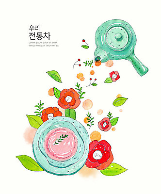 PSD 식물 전통 꽃 일러스트 수채화 사람없음 컵 컬러풀 차 전통차 다기 찻주전자 허브차 국내일러스트 식기 음료 컬러 주전자 차_음료 다도 파일형식