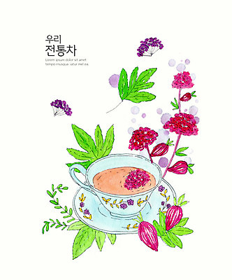 PSD 식물 전통 꽃 일러스트 수채화 사람없음 컵 컬러풀 풀잎 차 전통차 당귀 국내일러스트 식기 음료 컬러 잎 차_음료 약재 풀_식물 파일형식
