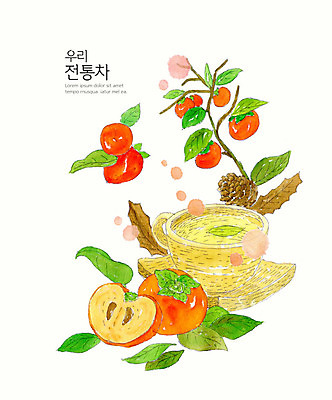 PSD 식물 전통 꽃 낙엽 일러스트 나뭇잎 수채화 감 사람없음 컵 컬러풀 나뭇가지 차 전통차 찻잔 솔방울 과일차 국내일러스트 나무 식기 음료 컬러 잎 과일 잔 차_음료 파일형식