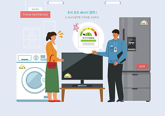 PSD 여자 남자 말풍선 일러스트 사람 두명 귀여움 텔레비전 가전제품 에너지 절약 직원 에코 에너지절약 냉장고 세탁기 등급 그린슈머 국내일러스트 에너지의날 기념일 컨셉 전자제품 환경 파일형식