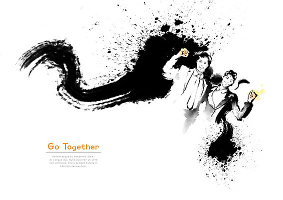 PSD 여자 남자 일러스트 캘리그라피 붓터치 협력 함께함 흑백 사람 정장 두명 파이팅 검은색 사회 번짐 성인만 국내일러스트 옷 컬러 컨셉 모션 촬영기법 공동체 파일형식 효과