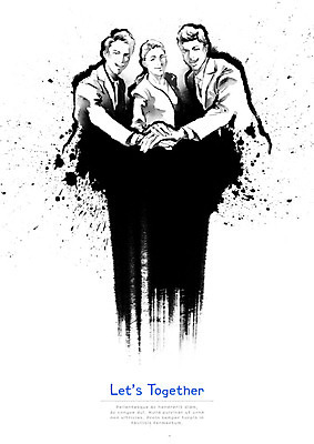 PSD 여자 남자 일러스트 캘리그라피 붓터치 협력 함께함 흑백 사람 정장 성인 세명 파이팅 검은색 사회 동료 번짐 성인만 국내일러스트 옷 컬러 컨셉 관계 모션 촬영기법 공동체 파일형식 효과