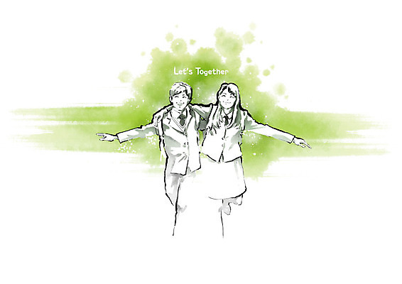 PSD 학생 여자 남자 교복 일러스트 캘리그라피 청소년 어깨동무 붓터치 협력 함께함 사람 두명 연두색 파이팅 사회 번짐 십대만 국내일러스트 옷 포즈 컨셉 모션 초록색 공동체 파일형식 효과