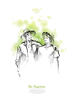 PSD 남자 일러스트 캘리그라피 어깨동무 붓터치 협력 함께함 사람 청년 성인 두명 연두색 친구 파이팅 사회 밀짚모자 번짐 성인남자만 국내일러스트 모자_잡화 포즈 컨셉 관계 모션 초록색 공동체 남자만 성인만 파일형식 효과