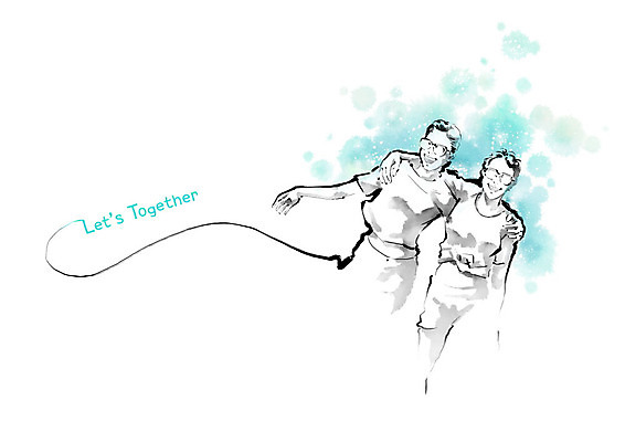 PSD 여자 남자 안경 하늘색 일러스트 캘리그라피 어깨동무 붓터치 협력 함께함 사람 성인 두명 파이팅 사회 번짐 성인만 국내일러스트 잡화 포즈 컨셉 모션 파란색 공동체 파일형식 효과