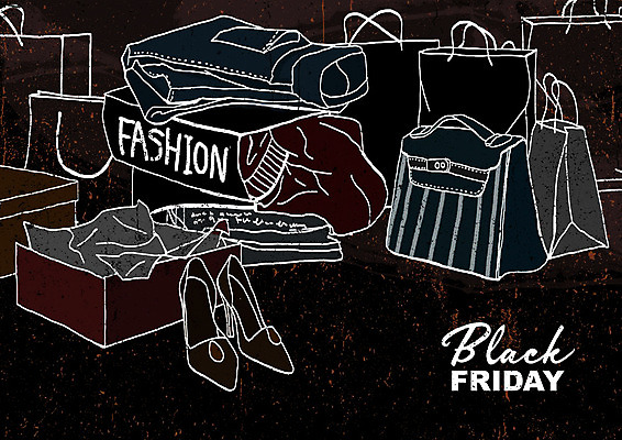 PSD 옷 구두 가방 일러스트 사람없음 쇼핑 쇼핑백 세일 검은색 손그림 블랙프라이데이 국내일러스트 잡화 컬러 신발 데이이벤트 파일형식