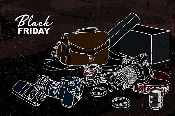 PSD 일러스트 사람없음 쇼핑 상자 세일 카메라 검은색 손그림 카메라렌즈 카메라가방 블랙프라이데이 국내일러스트 컬러 가방 데이이벤트 전자제품 파일형식