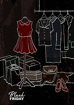 PSD 옷 원피스 구두 일러스트 사람없음 쇼핑 상자 쇼핑백 세일 검은색 옷걸이 마네킹 손그림 블랙프라이데이 국내일러스트 컬러 신발 가방 데이이벤트 파일형식