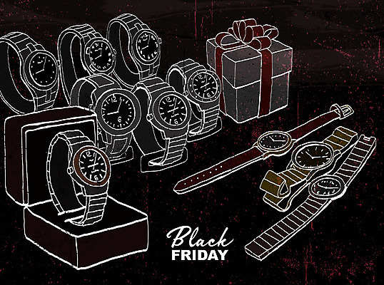 PSD 일러스트 사람없음 선물상자 쇼핑 세일 검은색 전시 손목시계 진열장 손그림 블랙프라이데이 국내일러스트 시계 컬러 장신구 데이이벤트 선물 상자 파일형식