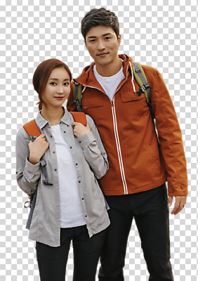 편집이미지 커플 응시 여자 남자 여행 배낭 아웃도어 서기 미소 누끼 사람 상반신 20대 성인 두명 앞모습 한국인 가을 PNG 성인만 편집소스 시선 계절 뷰포인트 가방 관계 모션 표정 동양인 청년 파일형식