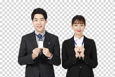 편집이미지 여자 남자 회사 비즈니스 미소 들기 누끼 사람 정장 상반신 20대 청년 두명 앞모습 청춘 한국인 구직 직장인 비즈니스맨 비즈니스우먼 동료 신입사원 PNG 사원증 성인만 편집소스 직업 옷 뷰포인트 컨셉 관계 모션 표정 동양인 성인 파일형식