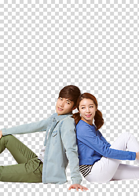 편집이미지 커플 응시 여자 남자 사랑 미소 누끼 사람 앉기 상반신 20대 성인 옆모습 한국인 등맞대기 PNG 성인만 편집소스 시선 감정 뷰포인트 관계 모션 표정 동양인 청년 파일형식