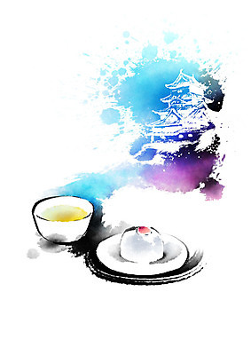 PSD 음식 일러스트 캘리그라피 붓터치 떡 사람없음 일본 전통음식 차 즐거움 번짐 랜드마크 모찌 마쓰모토성 국내일러스트 전통 감정 아시아 음료 성 마쓰모토 파일형식 효과