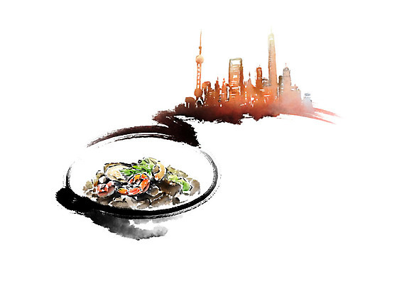 PSD 그릇 음식 일러스트 캘리그라피 붓터치 빌딩 사람없음 건물 도시풍경 중국 전통음식 해물요리 즐거움 번짐 랜드마크 국내일러스트 전통 식기 건축물 감정 아시아 풍경 도시 해산물 파일형식 효과