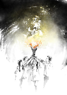 PSD 여자 남자 어린이 일러스트 캘리그라피 응원 불 붓터치 사람 여러명 희망 동양화 번짐 열정 횃불 어린이만 국내일러스트 자연요소 감정 다수 미술 도구 파일형식 효과