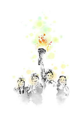 PSD 여자 남자 어린이 일러스트 캘리그라피 응원 불 붓터치 사람 여러명 희망 박수 동양화 번짐 열정 횃불 어린이만 국내일러스트 자연요소 감정 다수 미술 손짓 도구 파일형식 효과