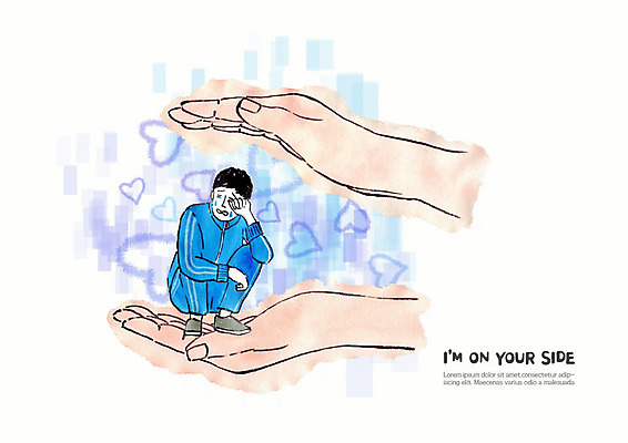 PSD 손 남자 일러스트 수채화 따뜻함 피곤 사람 청년 두명 신체부위 파란색 양손 슬픔 실업자 눈물 위로 국내일러스트 감정 컬러 컨셉 성인 파일형식