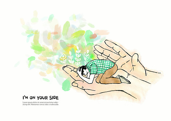 PSD 손 남자 일러스트 수채화 따뜻함 피곤 사람 두명 신체부위 초록색 양손 슬픔 풀잎 좌절 눈물 위로 국내일러스트 감정 컬러 컨셉 잎 풀_식물 파일형식