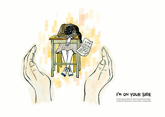 PSD 학생 손 여자 의자 일러스트 수채화 따뜻함 피곤 사람 두명 신체부위 주황색 양손 슬픔 좌절 책상 위로 성적표 국내일러스트 감정 컬러 가구 컨셉 파일형식