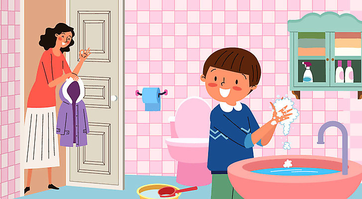 여자 남자 아들 어린이 겨울 일러스트 가족 엄마 선반 사람 소년 성인 두명 수건 컬러풀 문 건강관리 귀여움 외투 질병 세면대 화장실 예방 대야 국내일러스트 AI파일 계절 컬러 가구 컨셉 상의 의학 관계 건강 관리 위생용품 파일형식 벡터