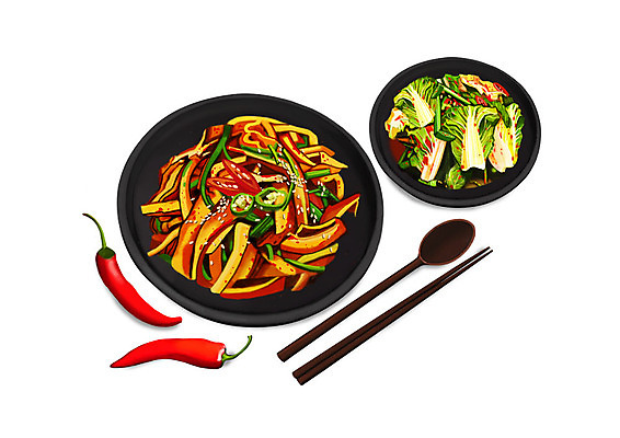 PSD 그릇 한식 일러스트 젓가락 고추 김치 한국 사람없음 숟가락 대표 발효 발효음식 겉절이 도라지 봄동 도라지김치 국내일러스트 식기 아시아 음식 채소 수저 파일형식