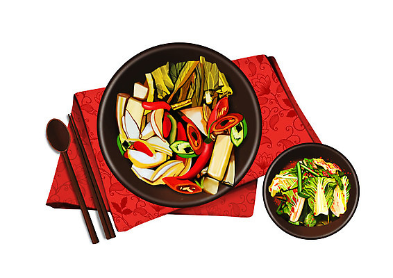 PSD 그릇 한식 일러스트 젓가락 김치 한국 사람없음 숟가락 보자기 대표 천 발효 발효음식 겉절이 봄동 국내일러스트 식기 아시아 음식 채소 수저 직물 파일형식 천_직물