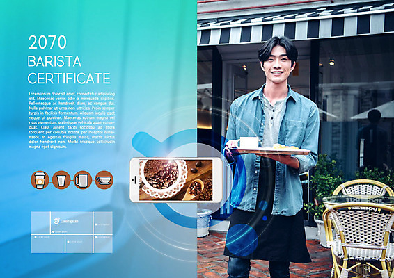 PSD 템플릿 표지디자인 북디자인 출판디자인 남자 내지 커피 리플렛 북커버 의자 탁자 쟁반 한명 서기 사람 팜플렛 상반신 20대 성인 앞모습 파란색 스마트폰 한국인 원두 커피잔 서빙 바리스타 자격증 카페테라스 성인남자한명만 이미지템플릿 직업 1 음료 뷰포인트 컬러 가구 모션 잔 동양인 청년 핸드폰 스마트기기 카페 증명서 남자한명만 성인남자만 파일형식