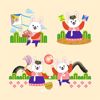 동물 구름 꽃 동물캐릭터 여러마리 일러스트 바람 근하신년 산 사람없음 컬러풀 태양 귀여움 십이지신 토끼띠 토끼 한복 연 연날리기 십이지신캐릭터 팽이 팽이치기 딱지 팽이채 일러캐릭터 AI파일 자연요소 식물 캐릭터 한국전통 컬러 다수 컨셉 포유류 날씨 새해 반려동물 놀이용품 전통놀이 전통의상 파일형식 벡터