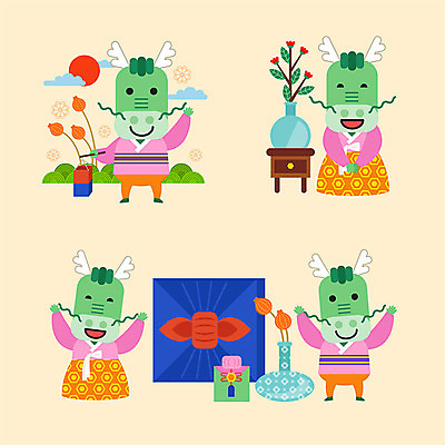 동물 구름 꽃 동물캐릭터 여러마리 일러스트 근하신년 초원 사람없음 컬러풀 태양 귀여움 꽃병 용띠 십이지신 용 한복 보따리 청사초롱 서랍장 십이지신캐릭터 명절선물 일러캐릭터 AI파일 자연요소 식물 캐릭터 한국전통 명절 컬러 가구 다수 컨셉 새해 선물 전통의상 초롱 파일형식 벡터