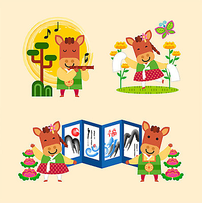 나무 동물 꽃 동물캐릭터 나비 음표 여러마리 일러스트 근하신년 산 사람없음 컬러풀 태양 귀여움 십이지신 말_동물 한복 십이지신캐릭터 말띠 병풍 일러캐릭터 AI파일 자연요소 식물 캐릭터 한국전통 기호 음악 컬러 다수 곤충 컨셉 포유류 새해 전통의상 파일형식 벡터