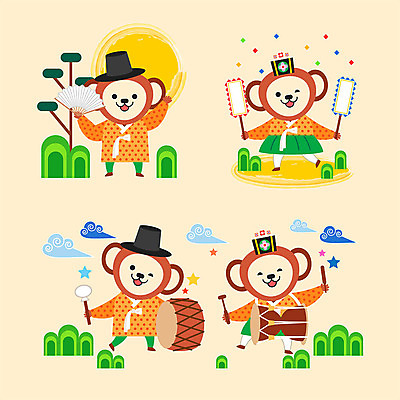 동물 구름 별 동물캐릭터 여러마리 일러스트 근하신년 산 사람없음 컬러풀 태양 귀여움 십이지신 원숭이띠 깃발 부채 한복 북 십이지신캐릭터 장구 북채 장구채 일러캐릭터 AI파일 갓모자 자연요소 캐릭터 모자_잡화 한국전통 컬러 다수 컨셉 타악기 새해 전통소품 국악기 원숭이 전통의상 파일형식 벡터