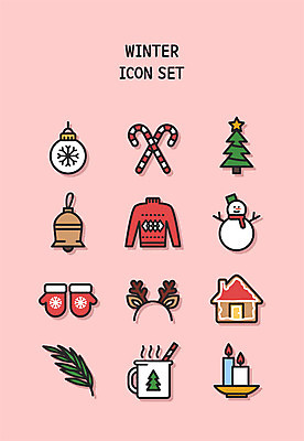 아이콘 분홍색 크리스마스 겨울 눈사람 사탕 사람없음 장식 세트 크리스마스트리 쿠키 종 머리띠 라인아이콘 니트 코코아 손모아장갑 2D아이콘 AI파일 계절 기념일 음료 컬러 장갑 상의 장신구 디저트 파일형식 벡터