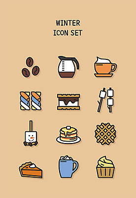 아이콘 커피 겨울 디저트 사람없음 세트 케이크 주황색 원두 라인아이콘 겨울간식 코코아 와플 팬케이크 마시멜로우 2D아이콘 AI파일 계절 음료 음식 컬러 파일형식 벡터