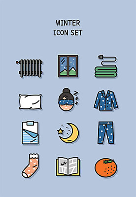 아이콘 여자 겨울 베개 집안 귤 양말 사람 파란색 세트 이불 잠옷 침대 야간 난방기 라인아이콘 만화책 안대 전기장판 2D아이콘 AI파일 자연요소 옷 계절 컬러 가구 과일 침구 실내 책 난방용품 장판 파일형식 벡터