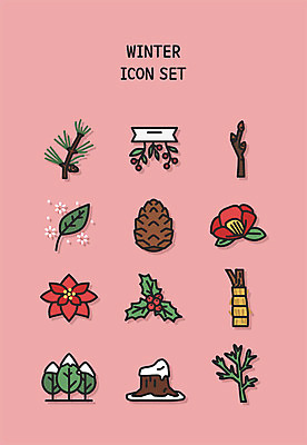 나무 식물 아이콘 열매 꽃 분홍색 잎 사람없음 세트 새싹 눈 소나무 라인아이콘 솔방울 겨울꽃 동백 포인세티아 방한 2D아이콘 AI파일 자연요소 컬러 겨울 날씨 추위 파일형식 벡터