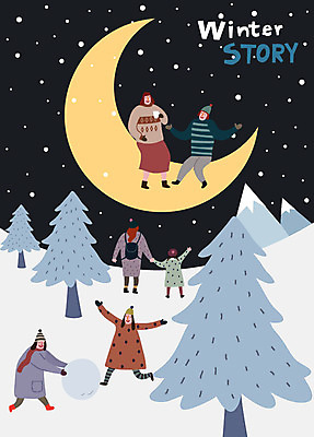 나무 라이프스타일 여자 남자 어린이 크리스마스 겨울 일러스트 산 사람 여러명 성인 달 눈 숲 초승달 즐거움 눈덩이 국내일러스트 AI파일 자연요소 식물 계절 기념일 감정 다수 날씨 눈_날씨 생활 파일형식 벡터