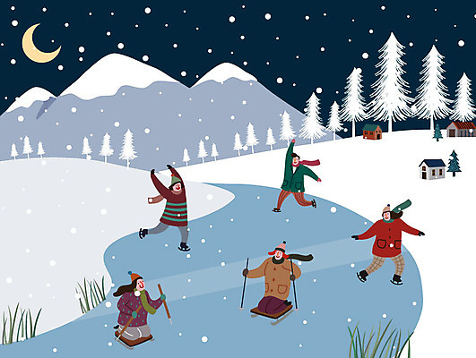 나무 라이프스타일 여자 남자 크리스마스 겨울 일러스트 산 주택 사람 여러명 성인 스케이트 눈 숲 초승달 즐거움 썰매 얼음썰매 겨울풍경 국내일러스트 AI파일 자연요소 식물 계절 기념일 감정 스포츠용품 다수 날씨 풍경 건물 생활 달 파일형식 벡터