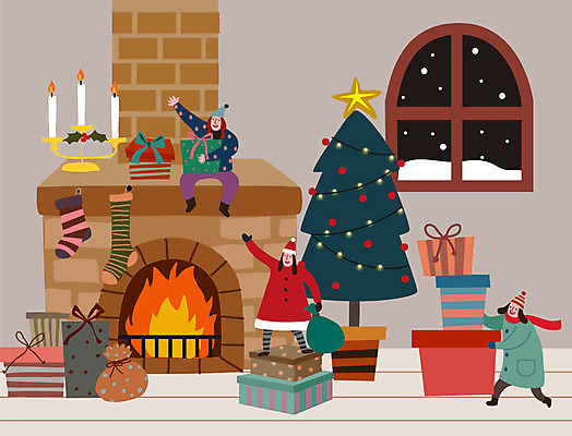 라이프스타일 여자 남자 크리스마스 겨울 일러스트 초 창문 양말 사람 성인 세명 선물상자 눈 즐거움 벽난로 촛대 겨울풍경 국내일러스트 AI파일 자연요소 계절 기념일 감정 날씨 선물 풍경 생활 상자 파일형식 벡터