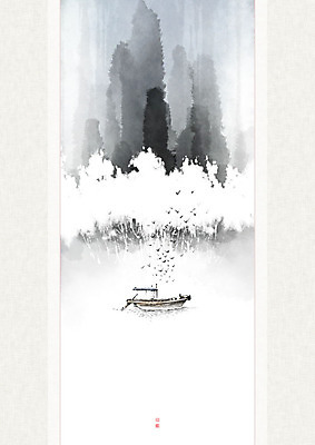 PSD 나무 바다 일러스트 캘리그라피 자연 조류 붓터치 산 풍경 사람없음 물 강 숲 나룻배 동양화 번짐 낙관 산수화 국내일러스트 자연요소 식물 동물 배_교통 미술 생태계 파일형식 효과